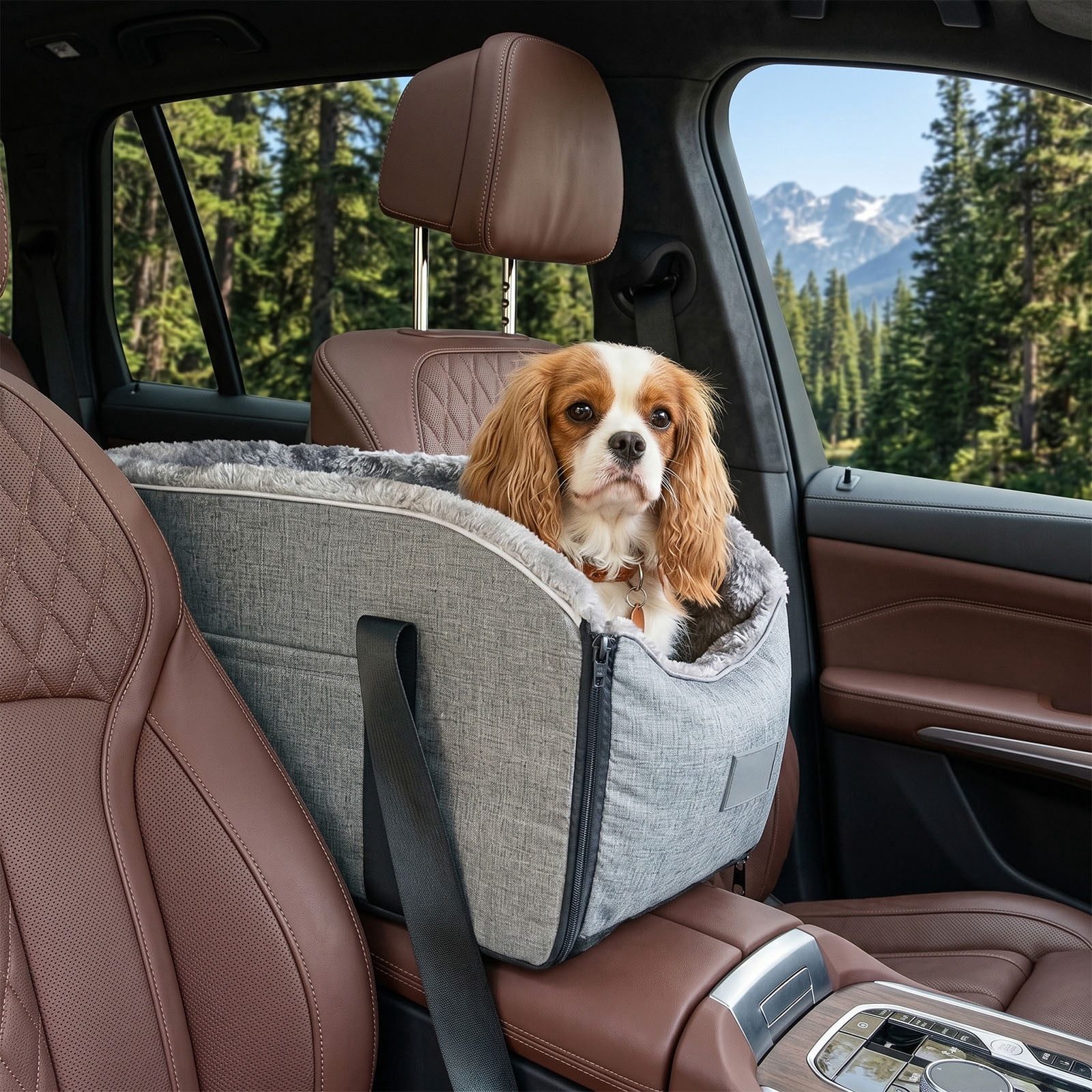onlyliua Portable Pet Car Seat For Cats And Small Dogs Detachable Center Console Carrier Padded Cushion Safety Strap Carry Handle Breathable Mesh Removable Washable Liner Secure Travel Car Seat For