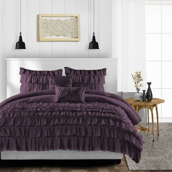 Duvet Cover 3 Piece Egyptian Cotton Cozy & Super Soft 600 TC Multi Ruffle Duvet Covers with Zipper Closure & Corner Ties Soft Comforter Cover (Oversized Queen, Plum )