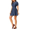 thumbnail image 4 of INSPIRE CHIC Women's Denim Puff Sleeve Button Front Flare A-Line Jean Mini Dresses XS Blue, 4 of 6