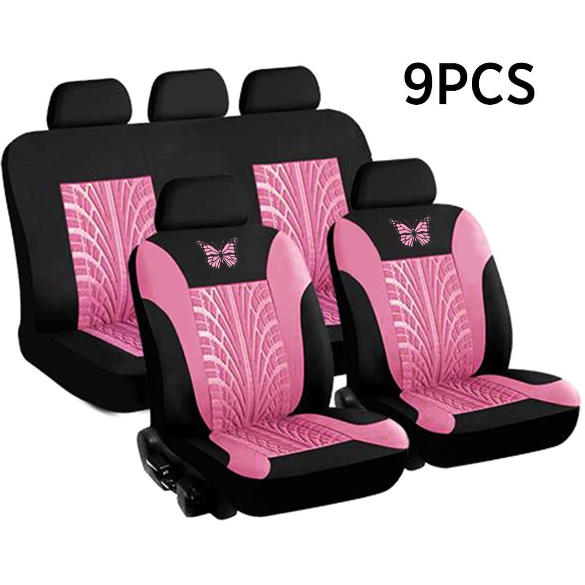 9PCS Universal Car Seat Covers Full Set Protector Cushion Front Rear 3D Butterfly Embroidery Pattern, Pink