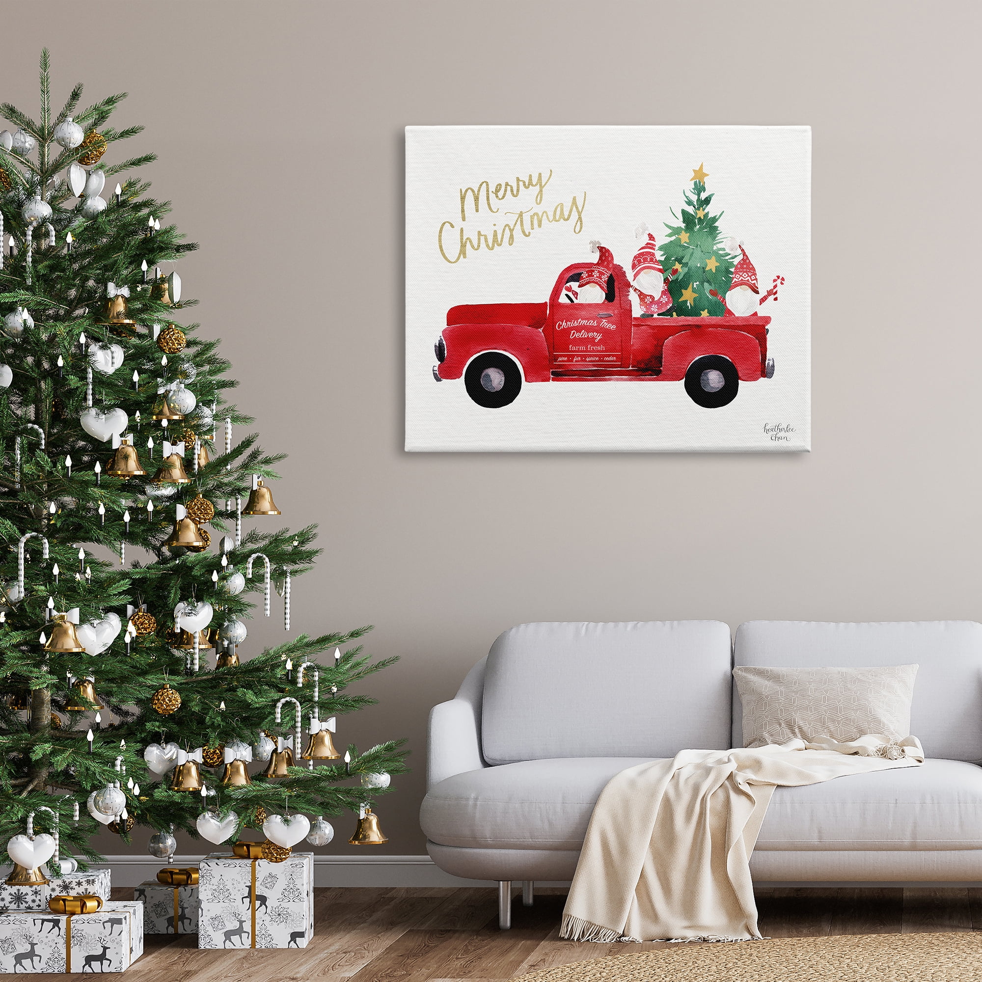 Stupell Industries Merry Christmas Holiday Red Truck Santa Gnomes & Tree Graphic Art Gallery Wrapped Canvas Print Wall Art, Design by Heatherlee Chan