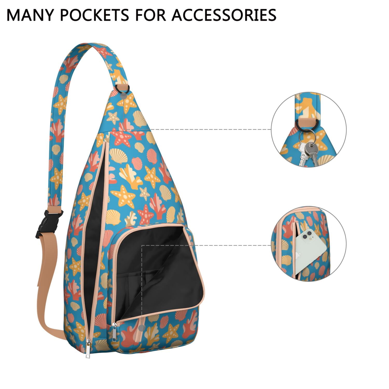 Nautical Sling Bag - Vintage Ocean Theme with Starfish, Seahorse & Seashells Print, Waterproof Lightweight Chest Pack for Beach & Seaside Adventures (Adjustable Strap, Unisex)