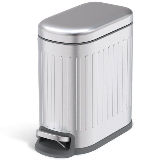 Home Zone Living 1.3 Gallon Slim Stainless Steel Small Trash Can with Reeded Pattern, Step Pedal and Soft-Close Lid, Silver