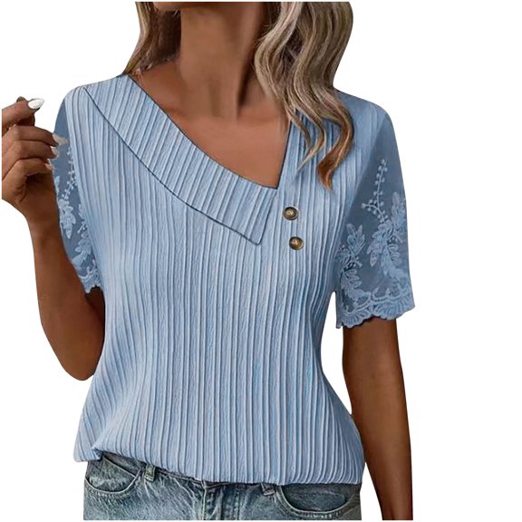 Vmvidoty Women's Asymmetrical Neck Tops Cut Out T Shirt with Print Floral Lace Graphic Short Sleeve Blue XL