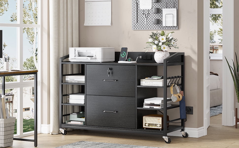44" File Cabinet, Filing Cabinets fits Legal, Letter, A4 Size, 2 Drawer Office File Cabinet for Home Office with Lock, Power Strip, 6 Adjustable Shelves & 4 Hooks, Black