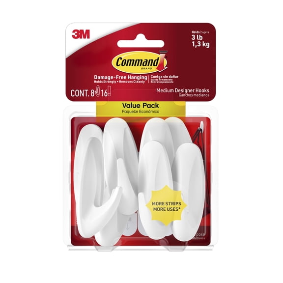 Command Medium Designer Hooks, White, 8 Wall Hooks, Damage-Free Hanging