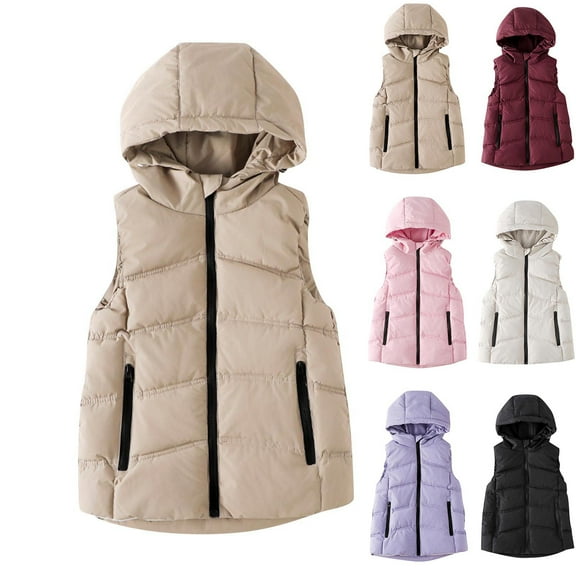 WRKEKC Kids Puffer Vest Solid Color Quilted Hooded Warm Vest for Girls and Boys 3-12 Years Old Full Zip Casual Outerwear Winter Jackets
