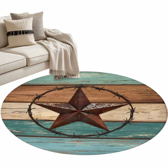 Barn Star Round Area Rug 3.3ft Turquoise Wood Grain Non-Slip Washable Circle Rugs Soft Felt Indoor Floor Mat for Bedroom Kitchen Living Room Bathroom