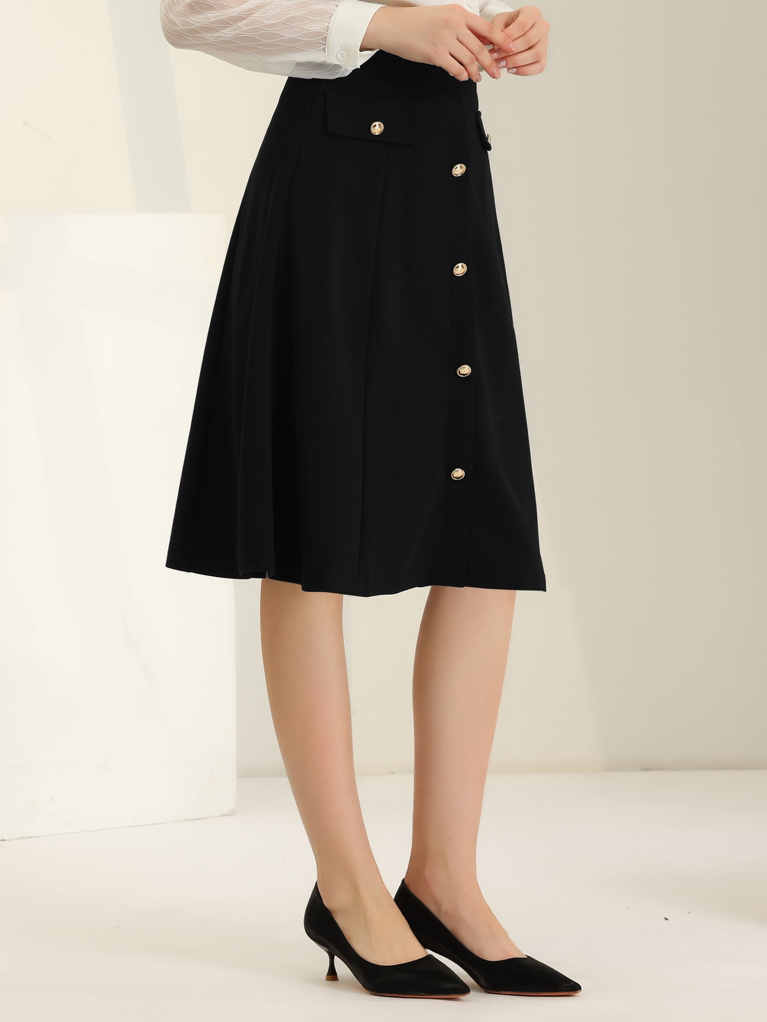 DARING DIVA Women's A-Line Button Front Formal Knee Length Skirt M Black