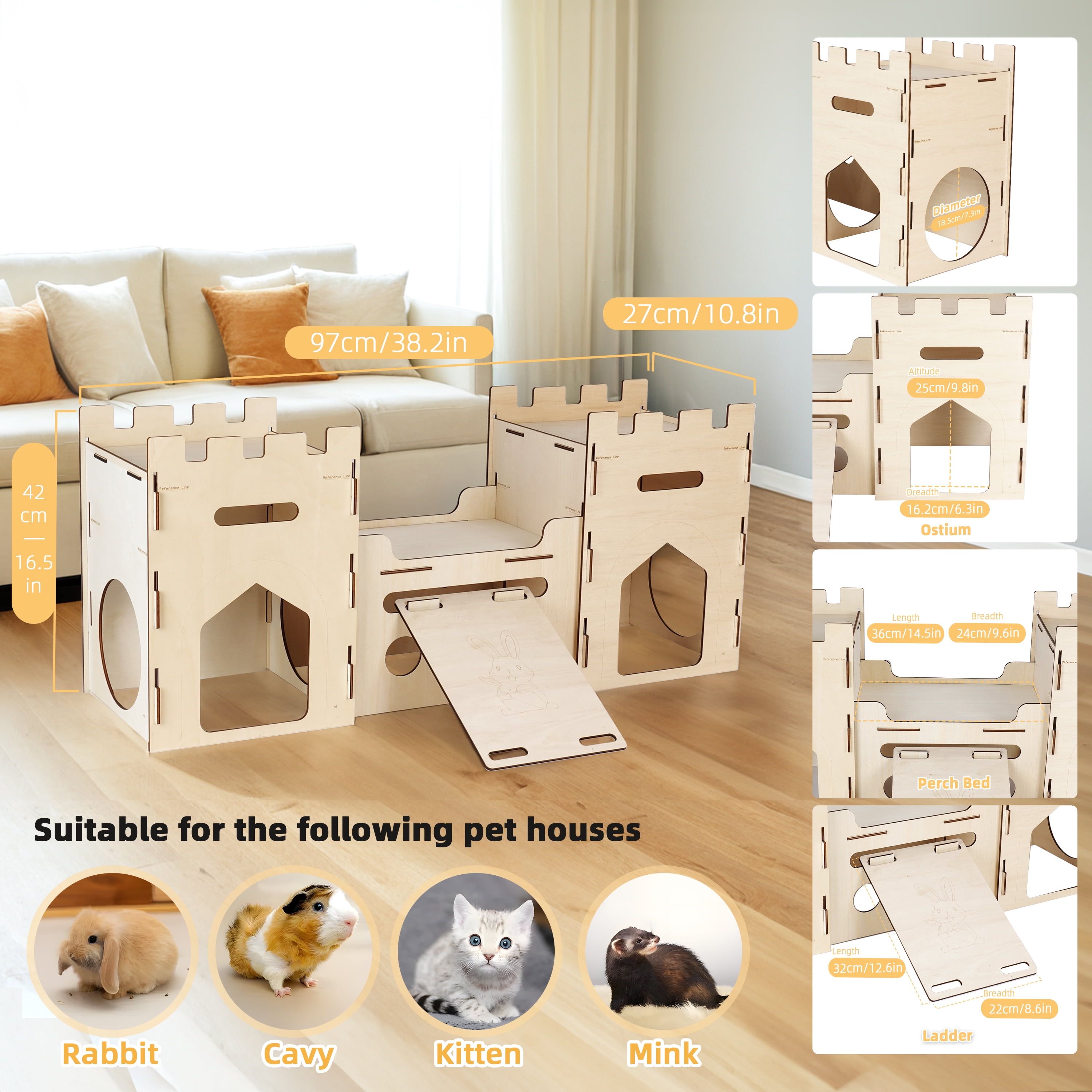 HIIMALEX Extra Large Wooden Bunny Castle House Multistory Climbing Tower Hideout Ventilated Sturdy Habitat for Rabbit Guinea Pig Chinchilla Ferret (T1 Castle)