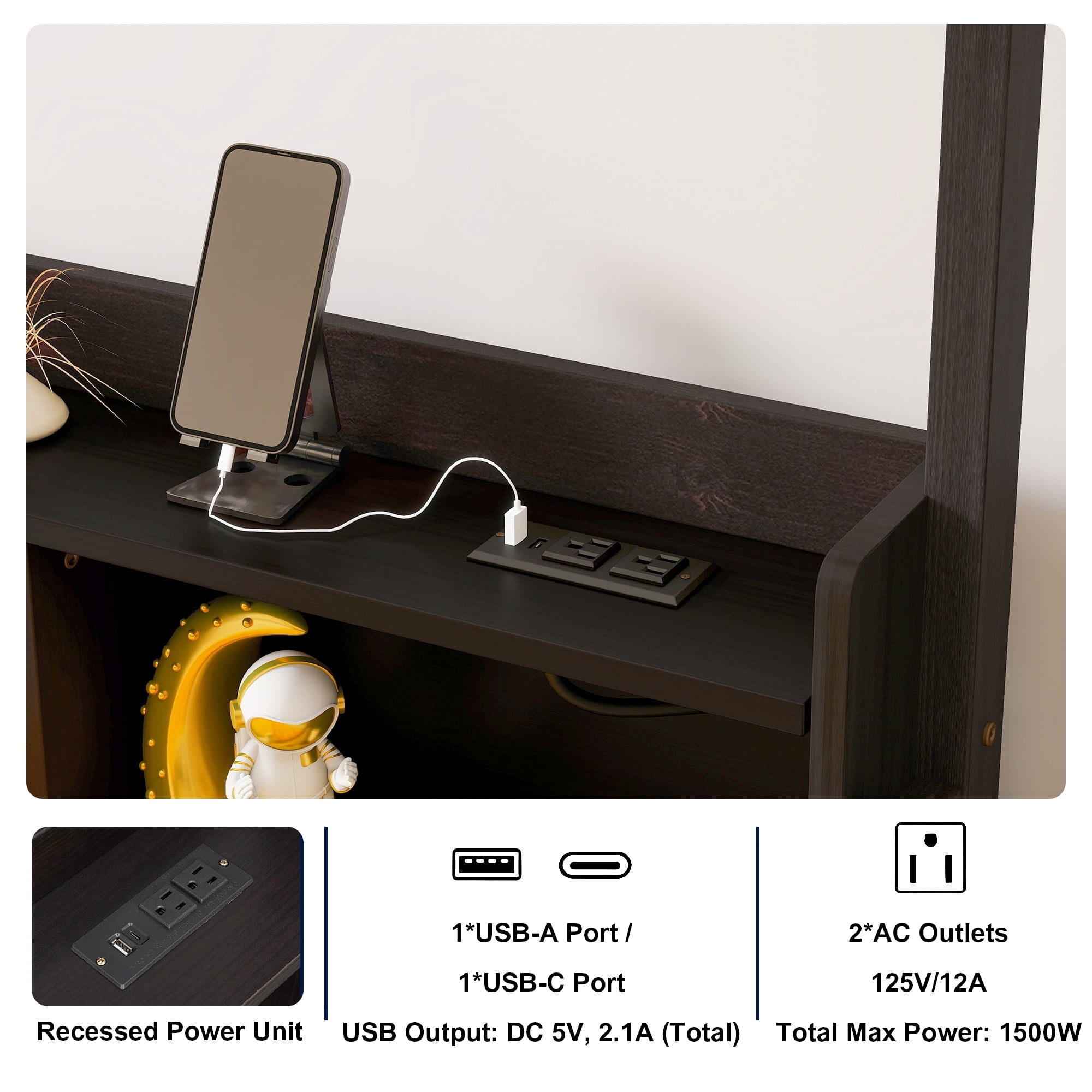 Leumius Full Size House Floor Bed with Storage Shelves,Built-in LED Lights & Charging Station,Pine Wood Floor Bed Frame with Safety Guardrails for Kids Bedroom Espresso