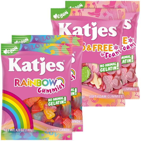 Katjes Rainbow and Wild & Free Vegan Gummy Variety Pack, Gelatin Free, 4 Pack