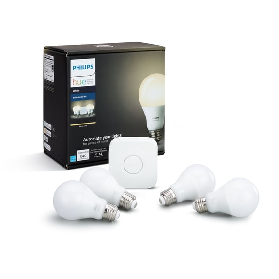 Open Box Philips Hue White A19 Smart Light Starter Kit, 60W LED, 4-Pack