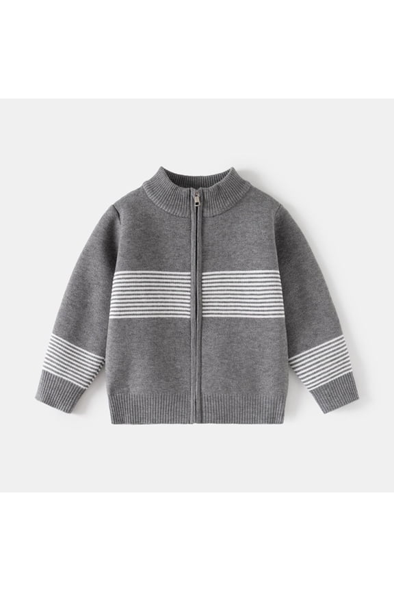 Children's Zip Knit Jacket with High Collar & Ribbed Cuffs - Horizontal Striped Winter Sweater