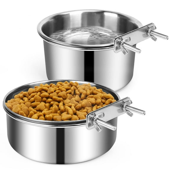 2 Packs Kennel Water Bowl - Hanging No Spill Mountable Stainless Steel Feeding Dish for Dogs, Cats, Guinea Pigs, Rabbits - Wall Mounted Crate Bowl