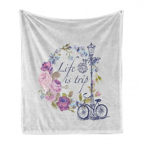 Shabby Flora Soft Flannel Fleece Throw Blanket, Life is a Trip Inspirational Words Romantic Floral Wreath and Retro Bicycle, Cozy Plush for Indoor and Outdoor Use, 50" x 60", Multicolor, by Ambesonne