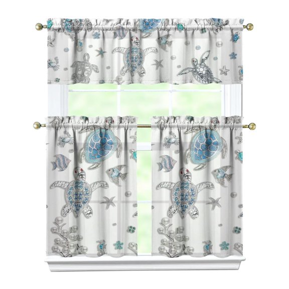 Kitchen Curtains 36 Inch Short - 3 Panel Set, Hawaiian Sea Turtle Ocean Design, Tropical Underwater Marine Life Print, Rod Pocket Window Curtain, Easy Wash