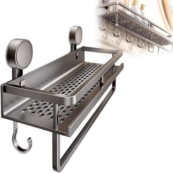 Shower Caddy Suction Cup Large Capacity Wall-Mounted Shower Shelves with Hooks, Rustproof & Fast Draining Heavy Duty Bathroom Shelves for Kitchen, Bathroom 11.81 Inch Matte Black