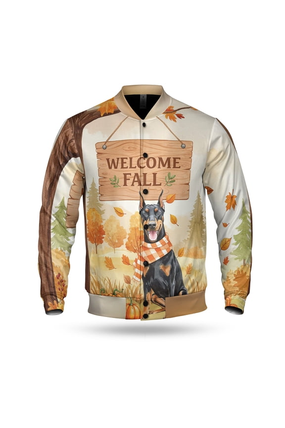 Welcome Fall Doberman Pinscher Cozy Autumn Field Pumpkins Golden Leaves All Over Print 3D Baseball Jacket Doberman Dog Lover Gifts Bomber Jacket Softball - 12013