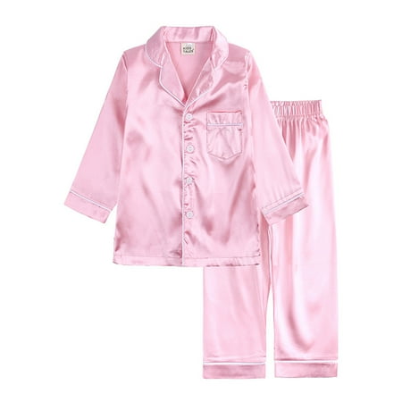

Girls & Boys Satin Pajamas Set 2Pcs Silk Nightwear Button-Down Sleepwear for Toddler kids Pink 9-12M