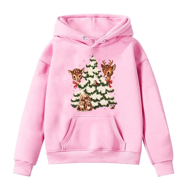 PMVFHDE Chandails à Capuchon et Chandails pour Filles Chandail Rétro de Noël avec Renne Haut Mignon Col Rond Chandail de Groupe Familial Tenue Preppy Rose, 3-4 Ans