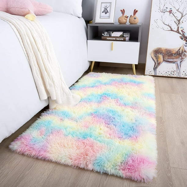 Alfombra Noahas Fluffy Pink Rainbow, 60 x 90 cm, para dormitorio