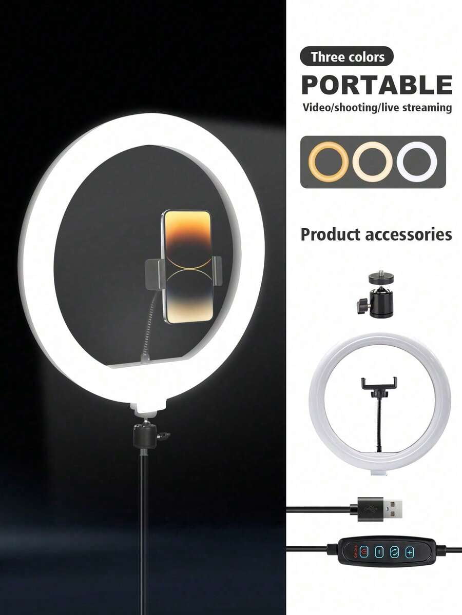 10 Inch LED Ring Light with 43" Tripod, 2 Phone Holders, 3 Color Modes, Adjustable Brightness, USB Powered for Live Streaming, Video Conferencing, Selfies, Makeup -Includes Flexible Tripod & 2 Stands