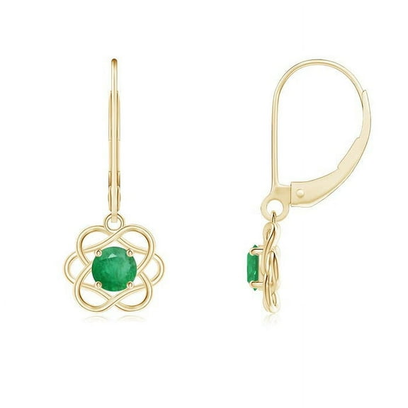 ANGARA Natural Solitaire Emerald Intertwined Flower Dangle Earrings in 14K Yellow Gold for Women (Size-4mm) | May Birthstone, Birthday, Anniversary, Jewelry Gift for Women | Natural Emerald Earrings