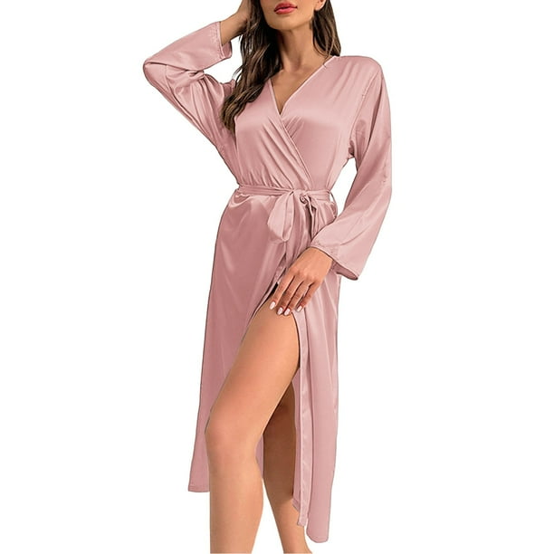 Gibobby Bata de seda para mujer Camisón grande para mujer, albornoz elástico Sexy con púas, pijamas para mujer de muebles para el de Color sólido(Rosa,M)