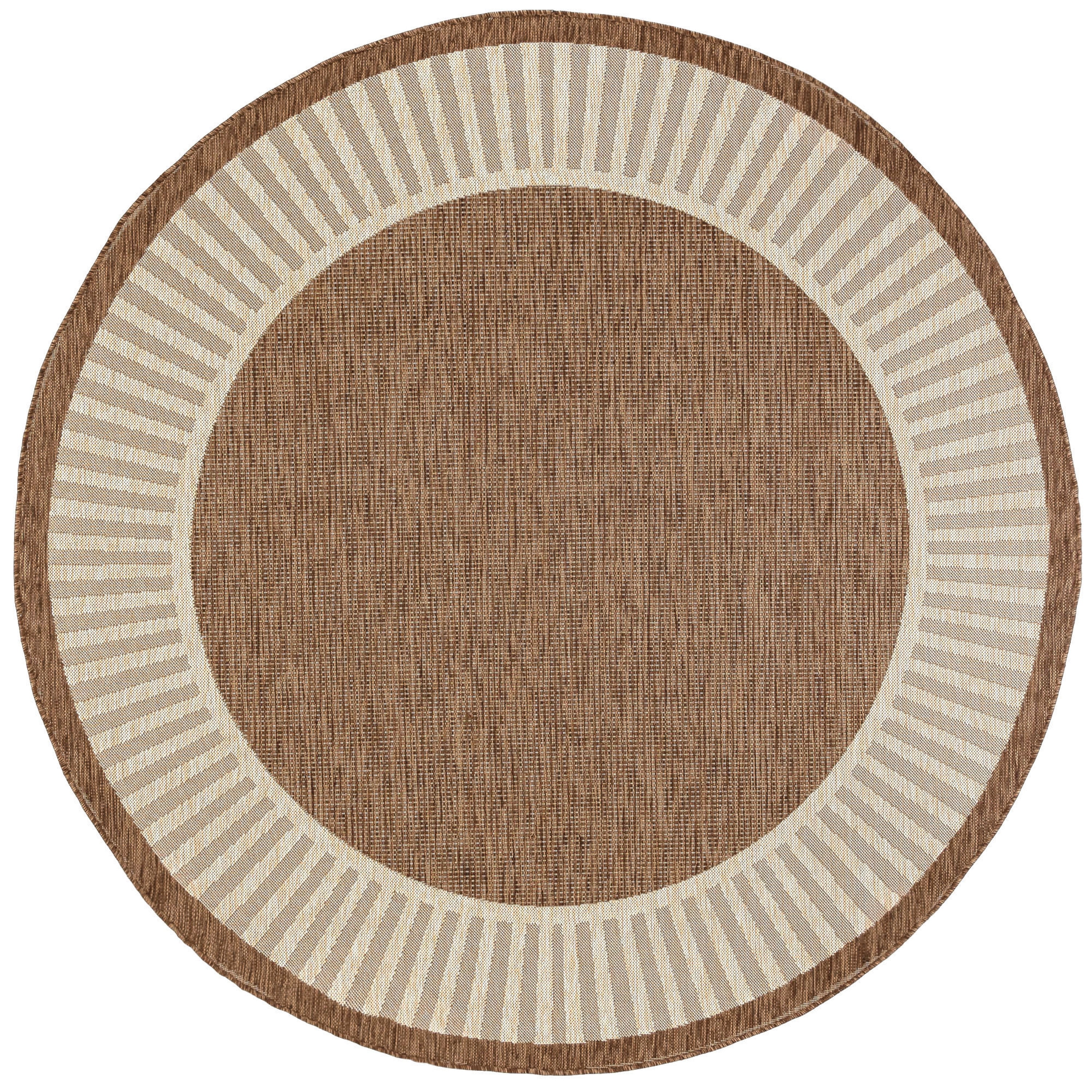 Bliss Rugs Indoor Outdoor Striped Border Round Rug for Living Room, Porch, Deck | Brown, 5'3''Round