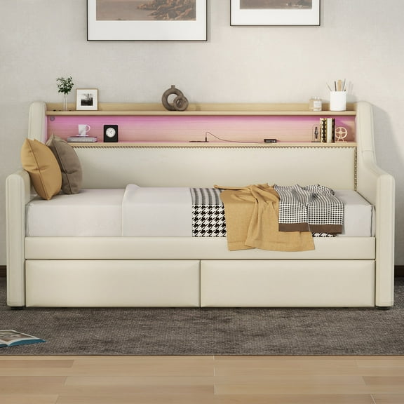 Twin Size Daybed with Storage Drawers & Charging Station - Beige Upholstered LED Bed Frame with USB Ports