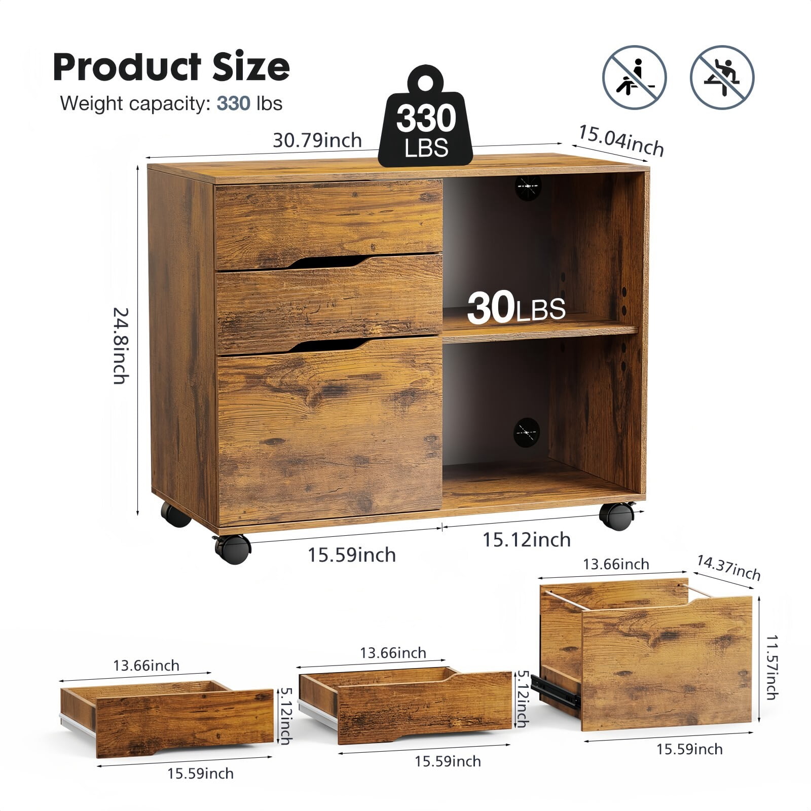 Kelno File Cabinet with 3 Drwaers Lockable Wheel Under Desk Printer Stand Lockable Casters Lateral Filing Cabinet, Rustic Brown