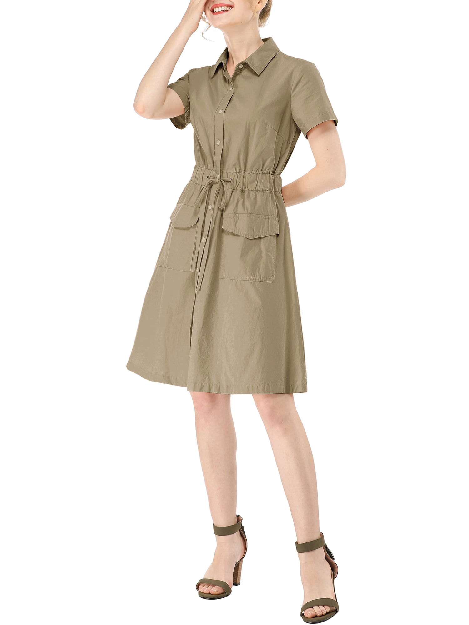 DARING DIVA Collar Elastic Waist Above Knee Dress with Pocket L Dark Khaki