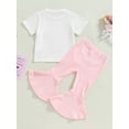 thumbnail image 3 of 2pcs Baby Girl Valentines Day Bell Bottom Outfit Toddler Short Sleeve Love You More T-Shirt Top Flare Pants Set, 3 of 7