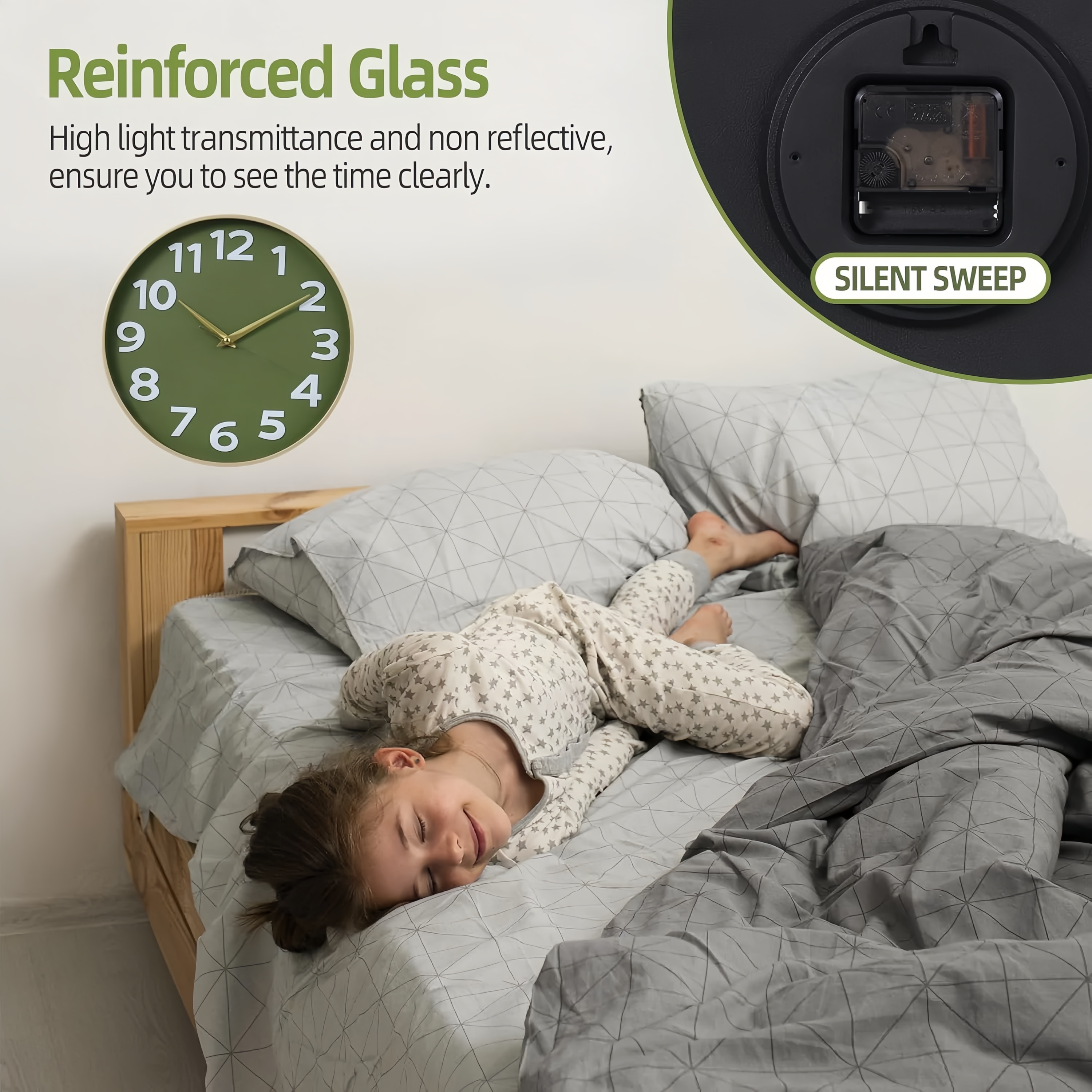 Sanmadrola 12-Inch Silent Wall Clock, Olive Green with Gold Frame photo 3