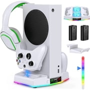 Cooling Stand & Charging Station for Xbox Series S with RGB Light Strip,Dual Charger of Controllers and Cooler Fan for XSS Console Accessories with 2*1400mAH Rechargeable Battery Pack,1*Headphone Hoo