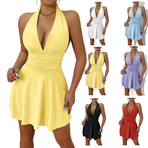 Elvqul Womens Dresses Summer Halter Mini Dresses Sleeveless Casual Solid Pullover A-Line Dresses for Women Yellow