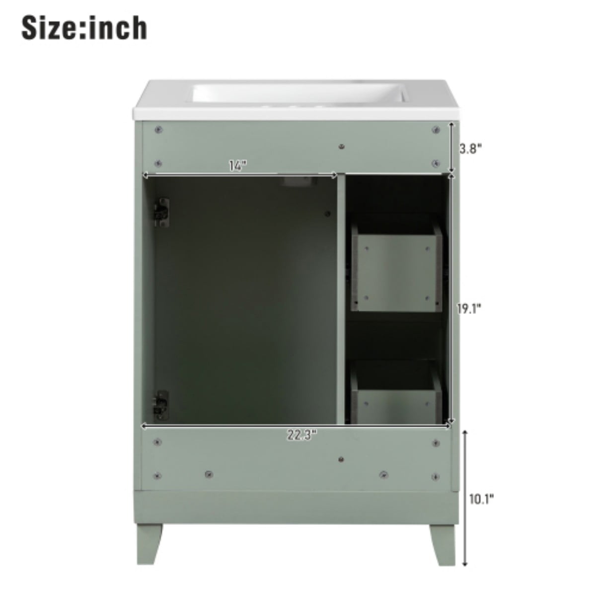 24" Bathroom Vanity with Ceramic Sink, Small Bathroom Vanity Cabinet with 2 Drawers and 1 Door, Freestanding Storage Cabinet, Green