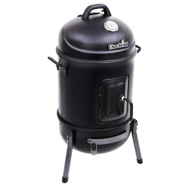 Char-Broil 16 inch black bullet smoker featuring a built-in temperature gauge, side handles, and adjustable air vent for outdoor cooking.