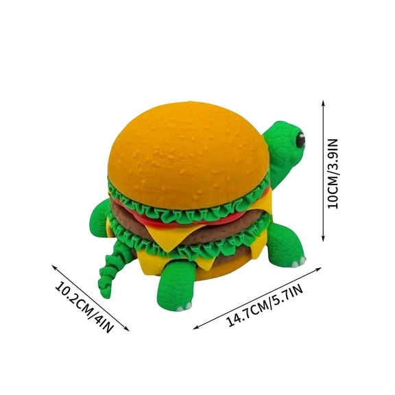 Hamburger Turtle 3D Printed Articulated Figurine - Hidden Storage Compartment Desk Accessory - Unique Stackable Food Animal Hybrid Display Ornament