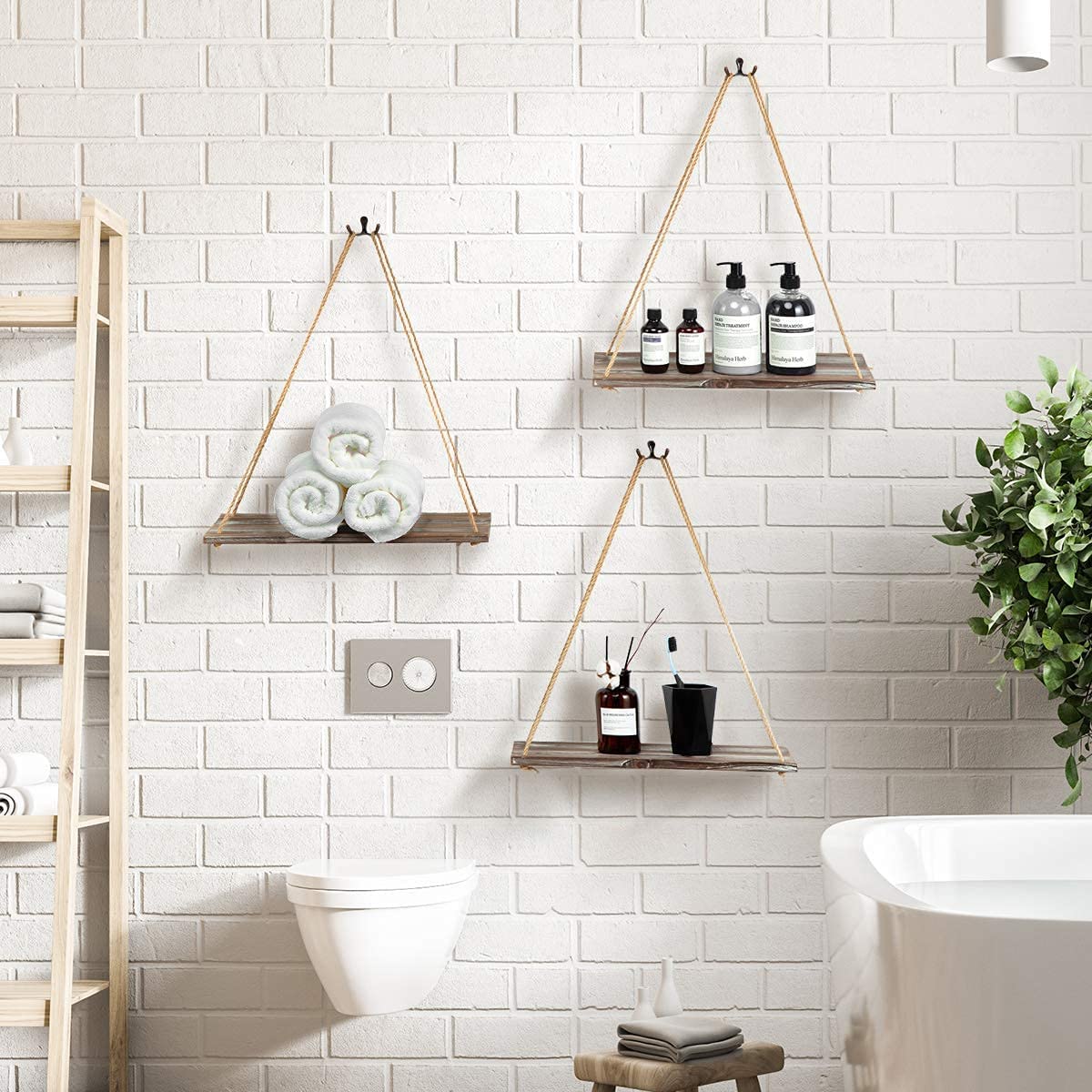 J JACKCUBE DESIGN Rustic Wood Hanging Shelves Set of 3 Farmhouse Bohemian Room Décor Floating Rope Display Shelf Plant Holder for Living Room Bedroom Kitchen Rope Shelves -MK555AAA