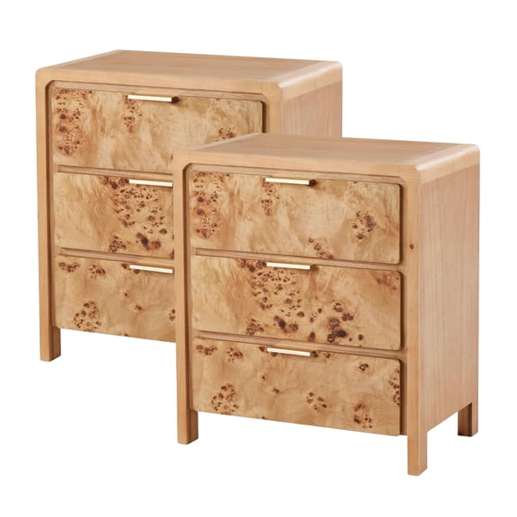 COZAYH Farmhouse 3 Drawer Home Bedroom Dresser with Burl Wood Finish, Natural, Set of 2