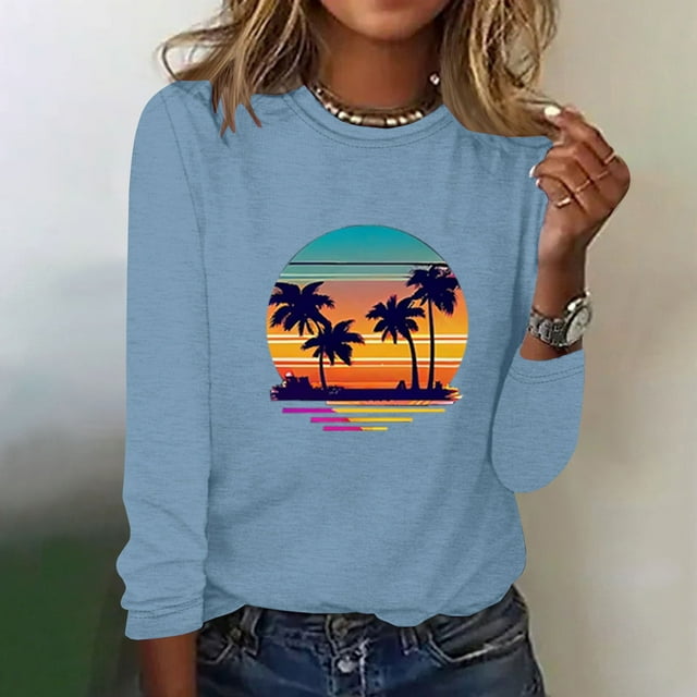 EQWLJWE Chemises à Manches Longues pour Femmes Mode Été T-Shirt Décontracté à Manches Longues Imprimé Col Rond Vêtements d'Automne pour Femmes