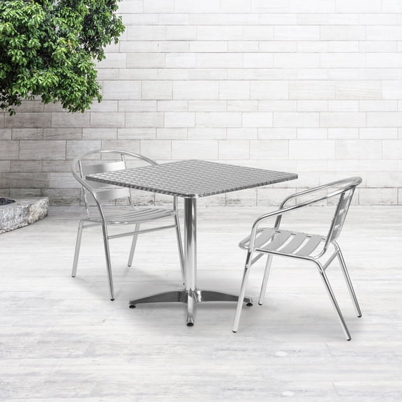 Emma Oliver 31.5" Square Aluminum Table Set with 2 Slat Back Chairs