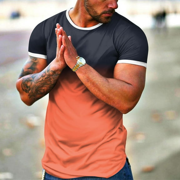 Aayomet Men T Shirts Fashion Mens Spring Summer Casual Sports Colorblock Gradient Round Neck Men T Shirts Graphic Tees Orange,3XL