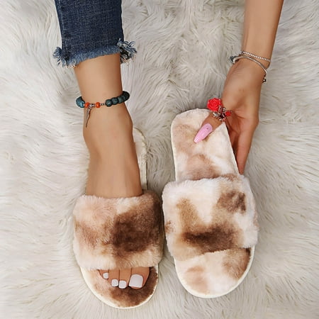 

Women s Fashion Round Toe Flat Leopard Print Large Size Plush Casual Slippers Khaki 6.5