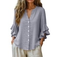 thumbnail image 4 of Dvprdro Womens 3/4 Sleeve Button Down Shirts Cotton Linen V Neck Blouses Casual Summer Tops with Floral Lace Cuffs, 4 of 9