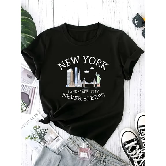 New York City Skyline T-Shirt - Statue of & Iconic Landmarks, Comfortable Round Neck Summer Travel Shirt Suitable for USA Trips, Machine Washable Casual Wear or Souvenir Gift (NYC)