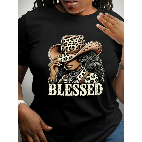 Plus Size Women's Vintage Western Cowboy T-Shirt - Black "BLESSED" Graphic Tee with Leopard Print Hat Design, Casual Round Neck, Machine Washable for Spring/Summer, Everyday Fashion | Vintage Cowboy