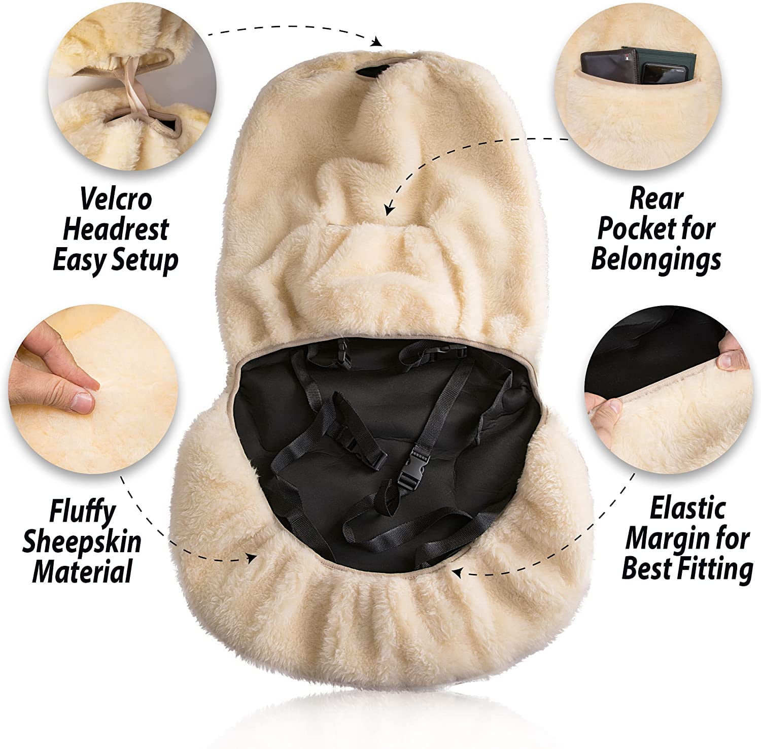 Zone Tech Genuine Sheepskin Ivory Car Seat Cover, Fluffy Luxury Wool Front Seat Covers, Universal Fits Car, Truck, SUV, & Van